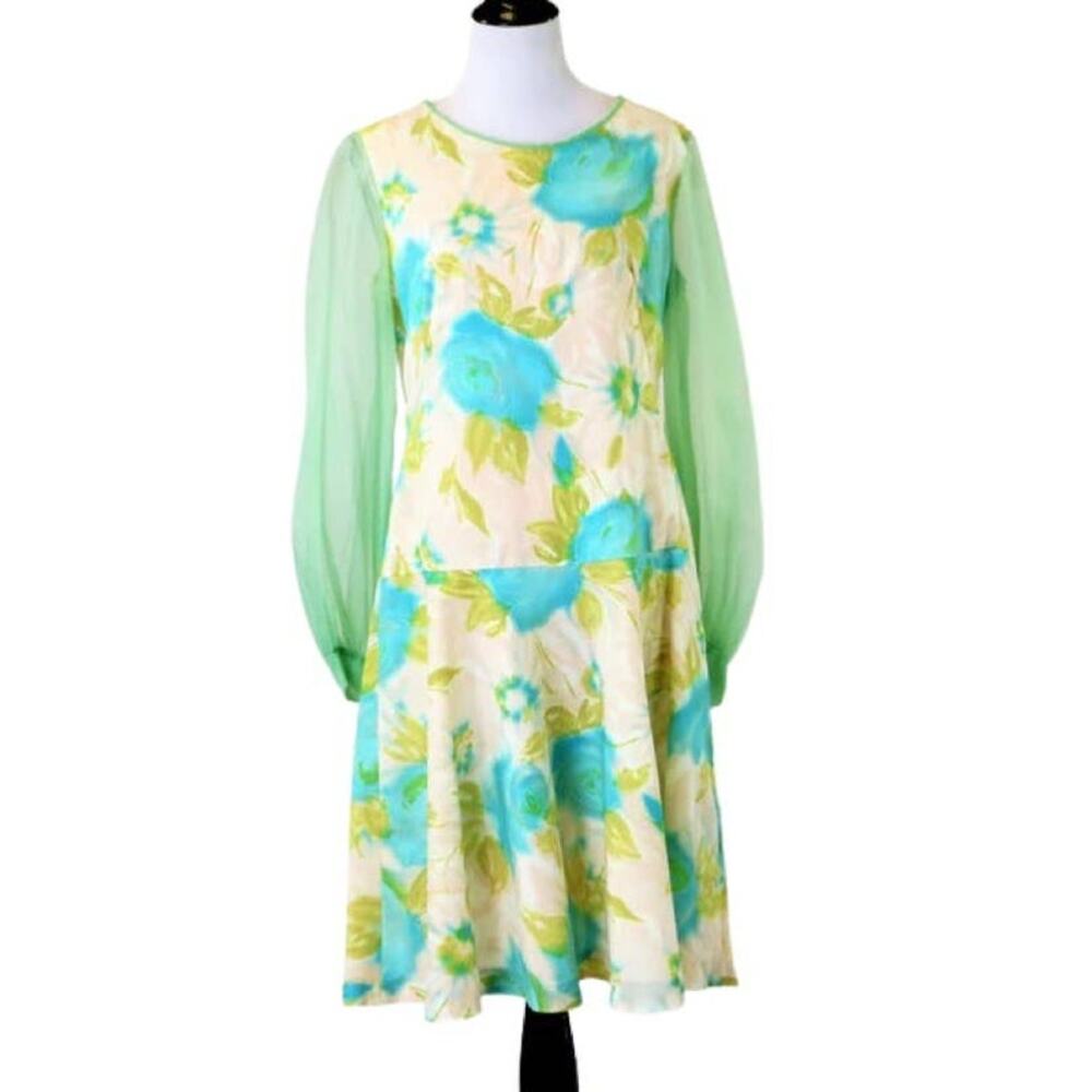 Vintage 1960s Pastel Floral Printed Drop Waist Dress With Chiffon Sleeves Large